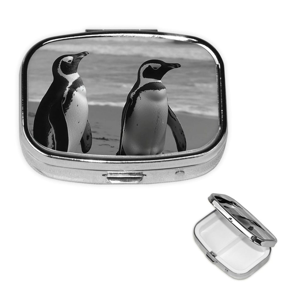Penguin Standing on The Beach Pill Box Small Metal Pill Case for Purse & Pocket 2 Compartment Pill Organizer with Mirror Travel Pillbox Medicine Case Portable Pill Container Unique Gift