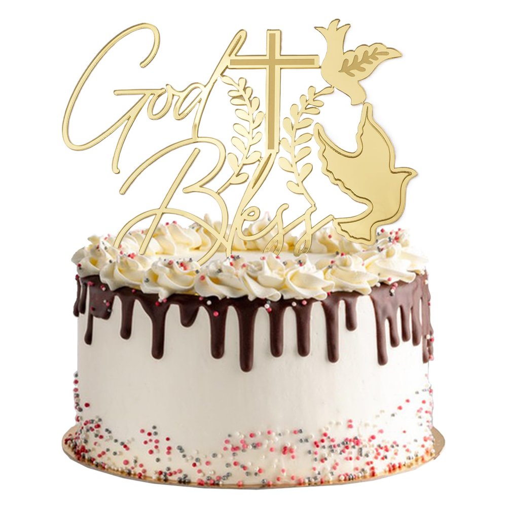 URROMA Gold God Bless Cupcake Toppers, 2pcs Cross Peace Doves Cake Topper Cake Toppers for Birthady Baby Shower Party Decorations