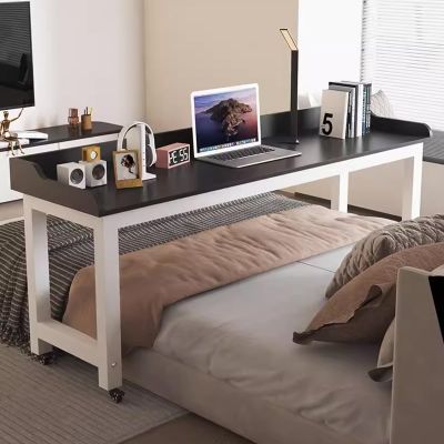 Overbed Table with Wheels, Queen Size Mobile Bed Desk, Standing Workstation Laptop Cart, Dining Bar Table or Rolling Over Bed Table, with Heavy Duty Metal Leg (Color : White Frame-C, Size : 140x50x8