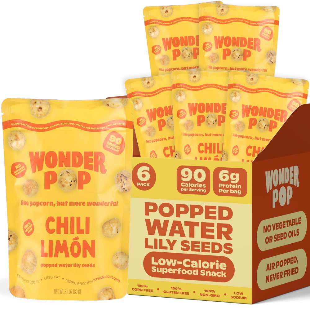 WonderPop Chili Limon  Popped Water Lily Seeds (6-Pack) | High Protein, 90 Calorie, Vegan, Gluten-Free, Non-GMO | Delicious Low-Calorie Plant-Based Snack | 2.11oz Each