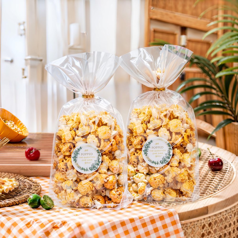 100 Sets He Popped the Question Popcorn Bags Engagement Party Favors She Said Yes Sticker with Cellophane Treat Bags Engagement Party Bridal Shower Wedding Goody Snack Treat Bags Grease Resistant