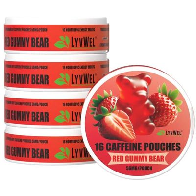 LyvWel 56mg Caffeine Energy Pouches Red Gummy Bear Clean Energy & Focus Boost with Guarana 5-Pack with 16 Pouches Per Can (80 Total)