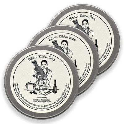 Seattle Sundries Solid Dish Soap Bar, Chef Gift for Cook, 3x (4oz) Kitchen Hand & Dish Bar Soap in a Low Waste Gift Tin, Scented with Pure Essential Oils - Pack Bundle Set