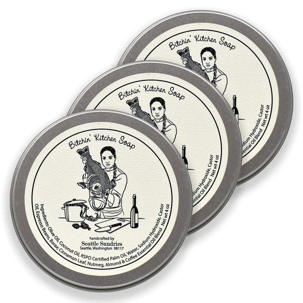 Seattle Sundries Solid Dish Soap Bar, Chef Gift for Cook, 3x (4oz) Kitchen Hand & Dish Bar Soap in a Low Waste Gift Tin, Scented with Pure Essential Oils - Pack Bundle Set