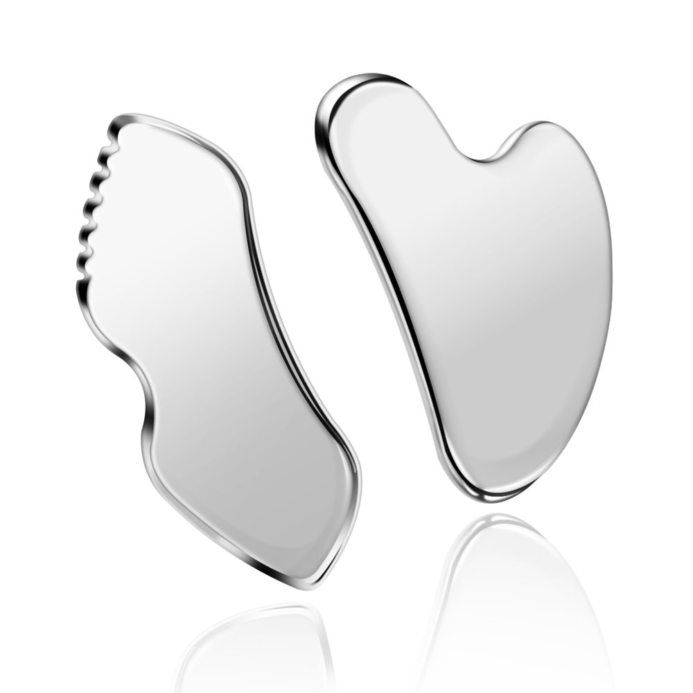 MoHern 2 Pcs Stainless Steel Gua Sha Tool, Gua Sha Facial Tools, Durable GuaSha Tool for Jawline Sculpting, Face Massager, Puffiness Reducing, Skin-Care Gift