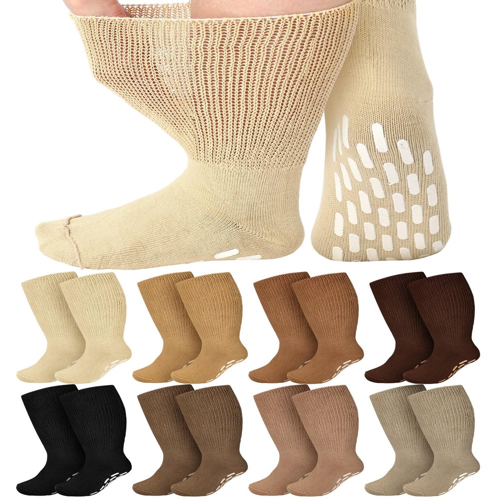 8 Pairs 30" Extra Width Diabetic Non Binding Loose Socks Non Slip for Swollen Feet Calf for Men Women Gifts(9-11,Brown Serials)