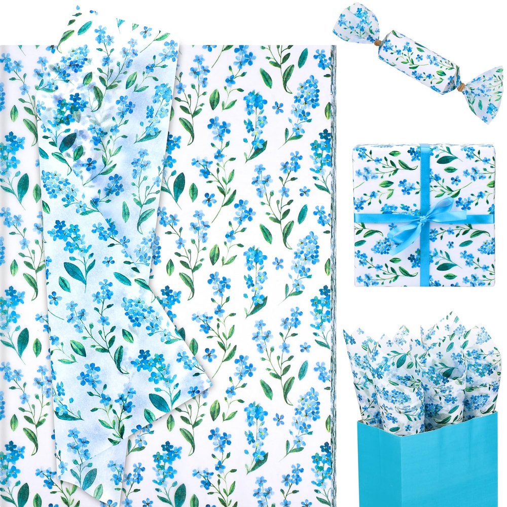 100 Sheets Blue Forget-Me-Not Flower Tissue Paper, 20x14 Inches, Watercolor Flower Wrapping Paper Wildflower Myosotis Sylvatica Wrapping Tissue for Spring Wedding Gift Wrapping Supplies