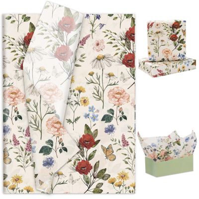 100 Sheets Floral Tissue Paper Vintage Wildflower Gift Wrapping Paper Butterfly Flower Printed DIY Art Craft Papers for Spring Wedding Bridal Shower Birthday, 14 x 20 Inch