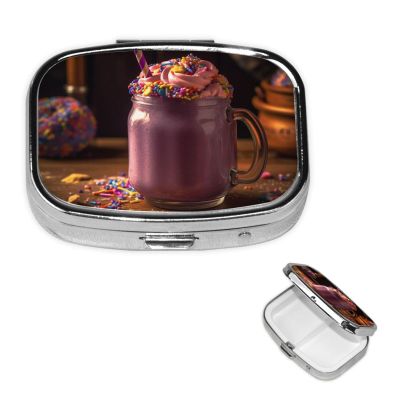 Milkshake Pill Box Small Metal Pill Case for Purse & Pocket 2 Compartment Pill Organizer with Mirror Travel Pillbox Medicine Case Portable Pill Container Unique Gift