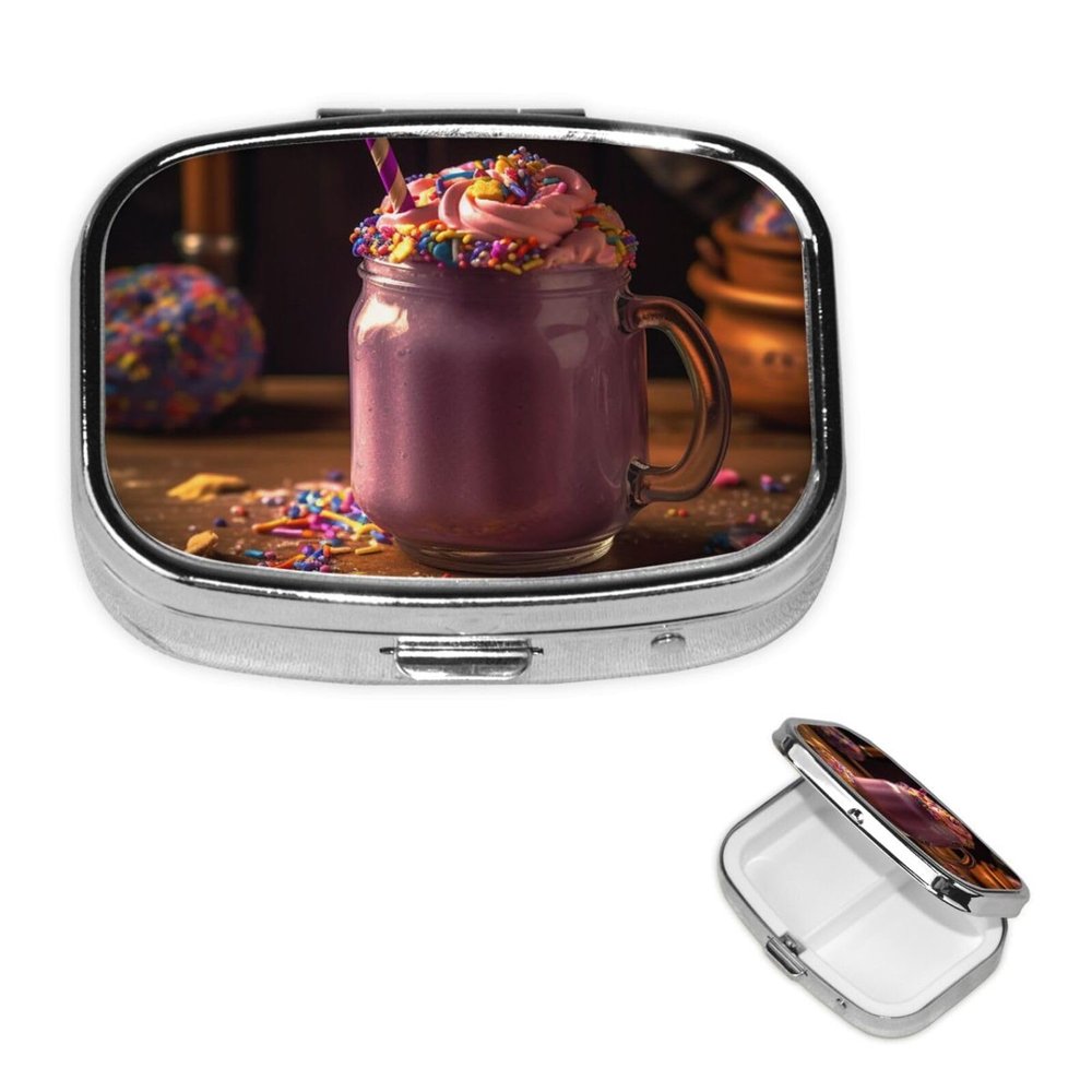 Milkshake Pill Box Small Metal Pill Case for Purse & Pocket 2 Compartment Pill Organizer with Mirror Travel Pillbox Medicine Case Portable Pill Container Unique Gift