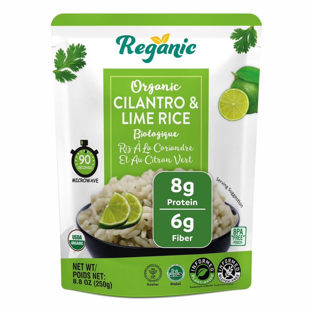 Reganic Cilantro & Lime Rice Pouch, USDA Organic, Zesty Global Flavor, 8g Protein & 6g Fiber, Made with 7 Organic Ingredients, Always Fluffy, Ready in 1.5 Minutes, Vegan Gluten-Free Non-GMO, 8.8 oz Pack of 6