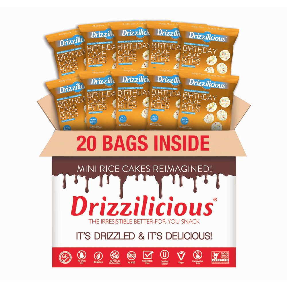 Drizzilicious Mini Flavored Rice Cakes Birthday Cake - Rice Crisps, Healthy Snack for Adults and Kids, Vegan, Gluten Free Snack, Allergen Free, Only 90 Calories Per Bag - 0.74 oz (Pack of 20)