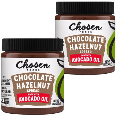 Chosen Foods Chocolate Hazelnut Spread - Made with 100% Pure Avocado Oil, Simple Ingredients, 40% Less Sugar, Vegan, Free of Palm Oil,12 oz 2-Pack