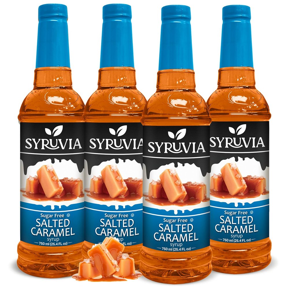 Syruvia 4 Pack Sugar-Free Salted Caramel Coffee Syrup  25.4 fl oz - Syrup for Coffee, Lattes, Shakes, Smoothies, Desserts  100% Vegan, Gluten Free, Kosher  No-Calorie Coffee Syrup