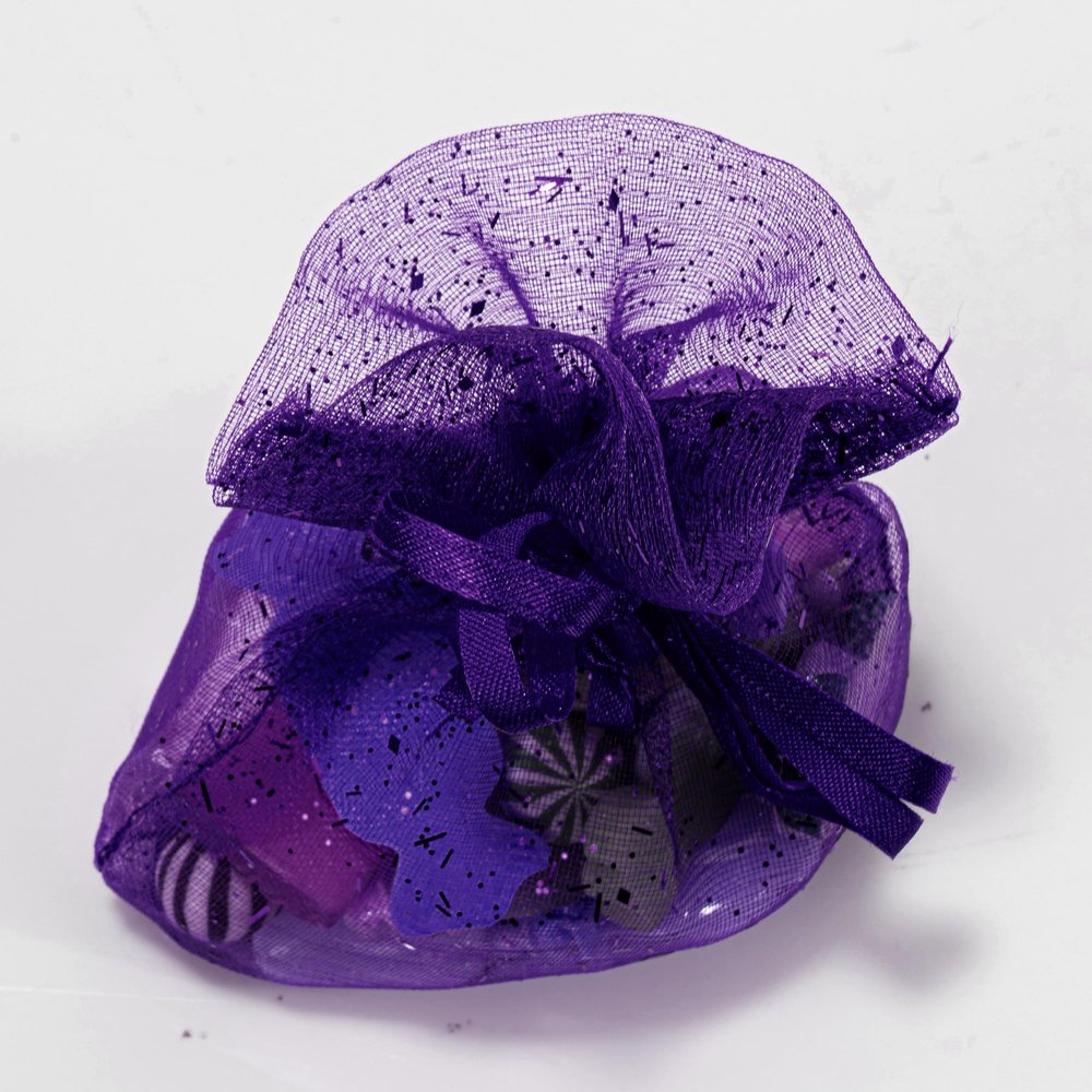 SE SIMPLE ELEMENTS 50 Pieces Metalic Glitter Sheer Organza Bags with Satin Drawstrings 5.5 Inches x 6.5 Inches (Purple)