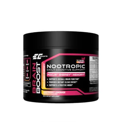 EC Sports Brain Boost Raspberry Lemonade Sweetened w/Stevia Supplement for Focus, Faster Process, Energy & Performance w/ 18 Nootropics - 30 Servings
