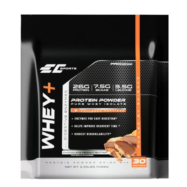 EC Sports Whey+ Protein Powder, Chocolate Peanut Butter Mix w/Digestive Enzymes - Isolate Supplement, Collagen Peptides w/Swift Reform - 30 Servings