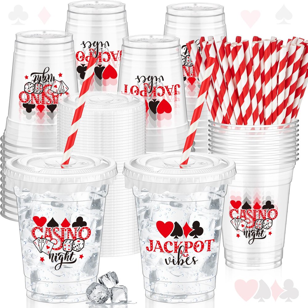 FoldTier 50 Pcs Casino Night Cups, 12 oz Disposable Plastic Cups with Straws and Lids for Home Casino Night Themed Holiday Party Supplies Favors