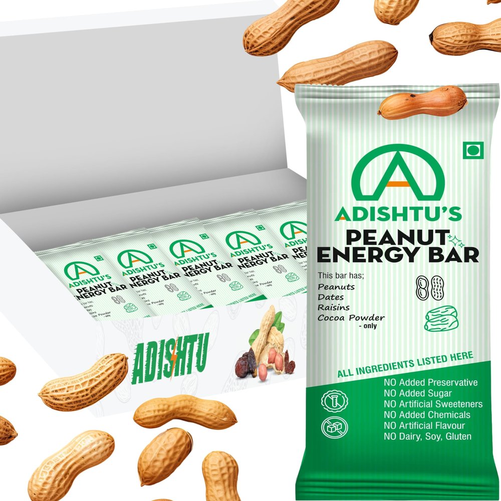 Adishtu Peanut Energy Bars - 168kcal Snack Bars with Whole Peanuts - Pack of 5 - Natural Ingredients, Preservative-Free, Gluten-Free, Healthy Energy Boost, Perfect for On-the-Go, Nut Lovers Snack