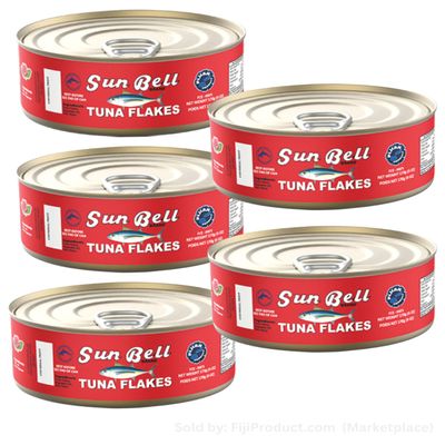 FIJIAN MADE Sun Bell TUNA Flakes in Vegetable Oil (Pack Of 5 x 6 Oz Ea Can) The most popular tuna brand throughout the pacific Islands - Imported from FIJI