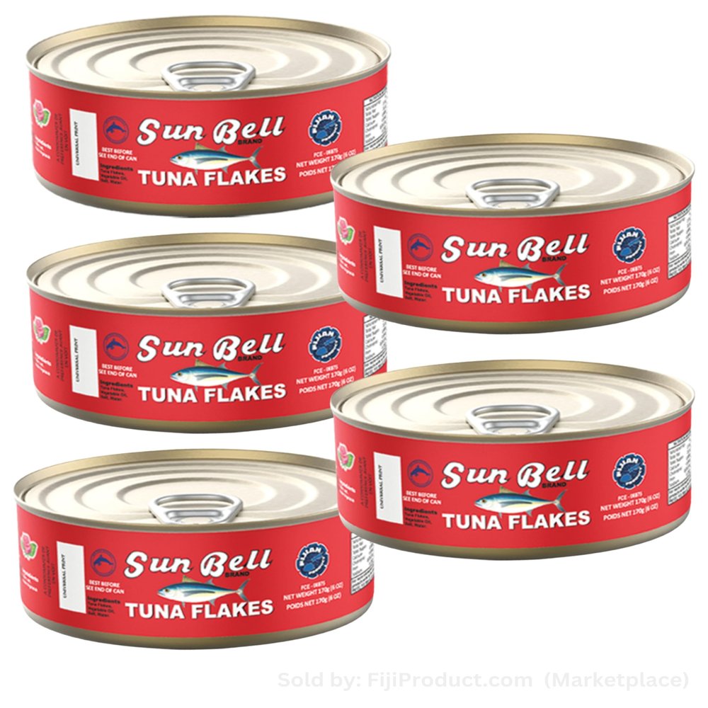 FIJIAN MADE Sun Bell TUNA Flakes in Vegetable Oil (Pack Of 5 x 6 Oz Ea Can) The most popular tuna brand throughout the pacific Islands - Imported from FIJI