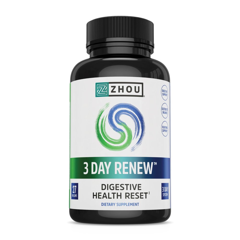 Zhou 3 Day Renew - Probiotics for Digestive Health, Probiotics for Men and Women, Gut Health & Natural Reset Support Supplement with Ginger and Aloe - 27 Veg Caps
