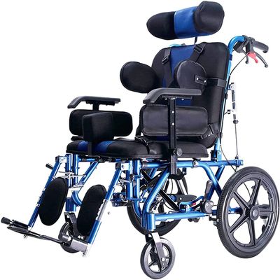 Fully Lying Wheelchair for Stroke Hemiplegia Disabled Cerebral Palsy Folding Aluminum Alloy Wheelchair with Seat Belt and Dining Table for Child Adults Elderly (Color : Blue, Size : 18.1" seat)