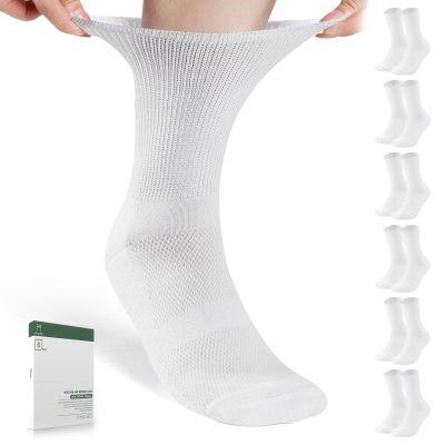 Bulinlulu Diabetic Socks for Men Women-6 Pairs Non Binding Crew Diabetic Neuropathy Socks with Seamless Toe for Men Size 9-12(Medium-White)
