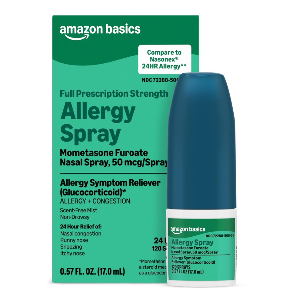 Amazon Basics 24 Hour Allergy Nasal Spray, Mometasone Furoate Nasal Spray 50 mcg/Spray, Non-Drowsy (Previously Care)