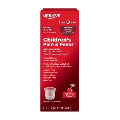 Amazon Basic Care Children's Pain and Fever, Acetaminophen 160 mg per 5 mL Oral Suspension, Dye-Free Cherry Flavor, 8 fl oz