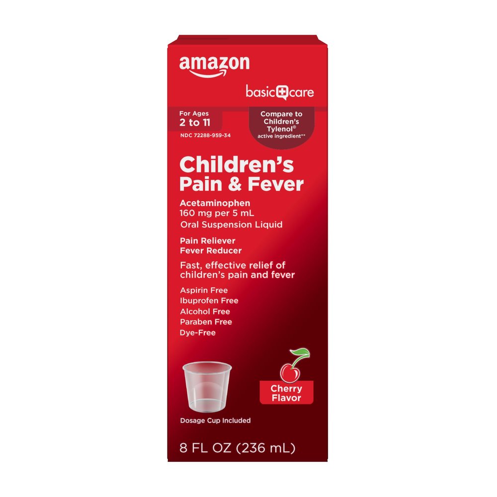 Amazon Basic Care Children's Pain and Fever, Acetaminophen 160 mg per 5 mL Oral Suspension, Dye-Free Cherry Flavor, 8 fl oz