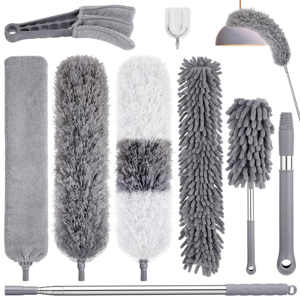 9PCS Dusters for Cleaning,Extendable Microfiber Duster with Extension Pole Up to 100'',Bendable Washable and Reusable Dusters Kit for Ceiling Fans, High Ceilings,Blinds,Furniture and Cars