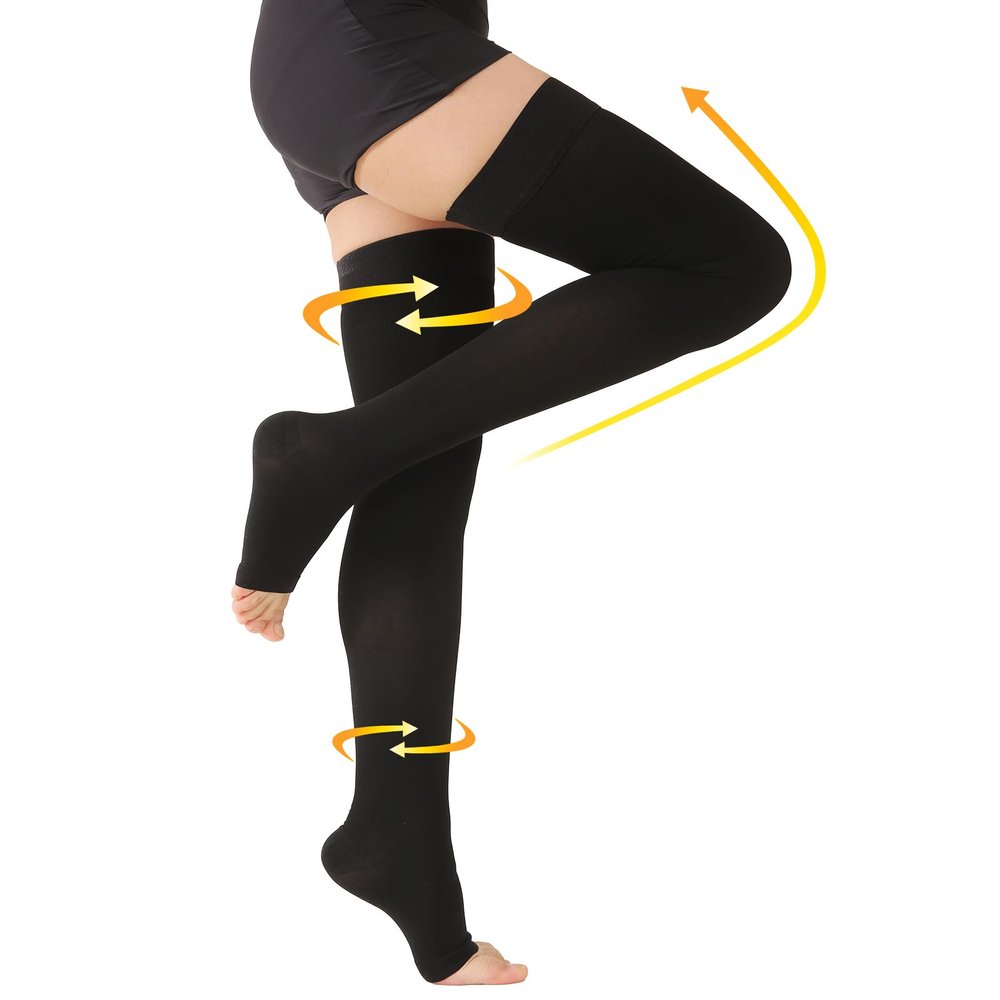 Plus Size 5XL Thigh High Compression Stockings Open Toe, Compression Socks for Women Men, 20-30 mmHg Graduated Compression Support Hose, Best for Varicose Veins, Edema, Flight, DVT, Swelling, Black