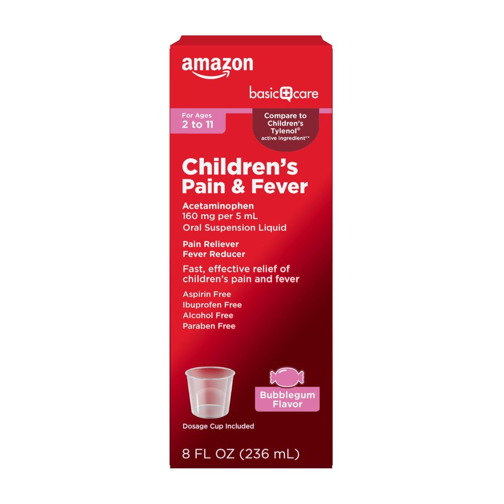 Amazon Basic Care Children's Pain and Fever Oral Suspension Liquid, Acetaminophen 160 mg per 5 mL, Bubblegum Flavor, 8 fl oz