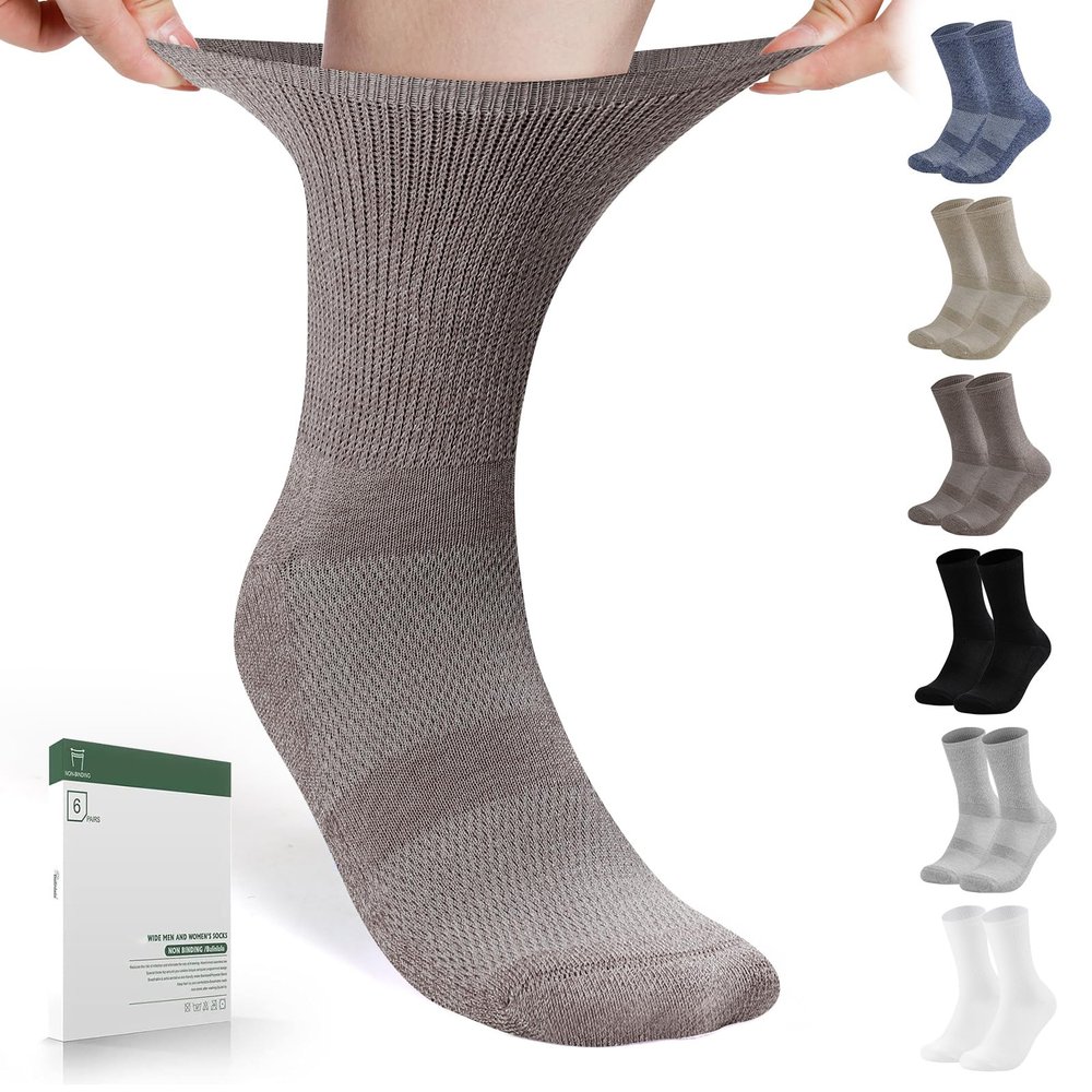 Bulinlulu Non Binding Diabetic Socks, 6 Pairs Crew, Seamless Toe, Medium Size (Light Dark Colors)