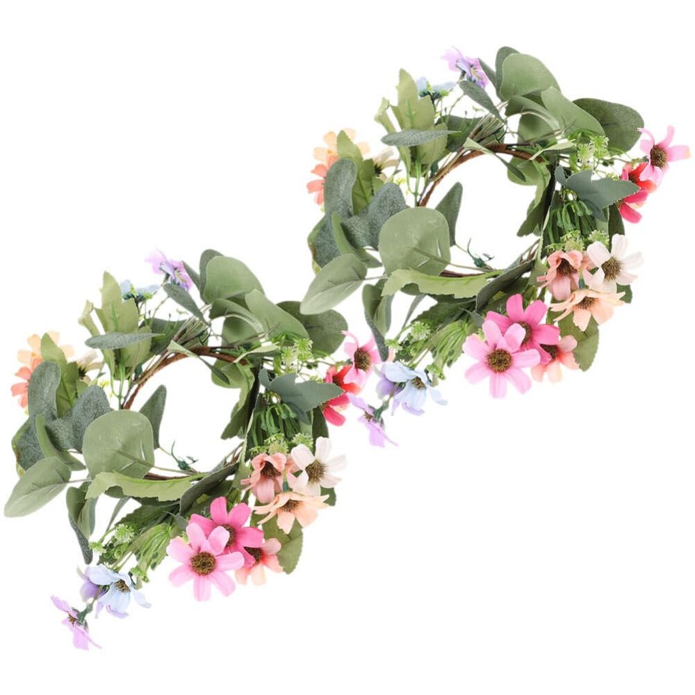Cabilock 2pcs Artificial Eucalyptus Leaf Candle Rings Daisy Flowers for Wedding Centerpieces and Table Decor for Spring Celebrations and Everyday Use