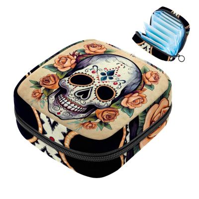 Period Bag,Sanitary Napkin Storage Bag,Floral Skulls and Flowers,Tampon Holder for Purse