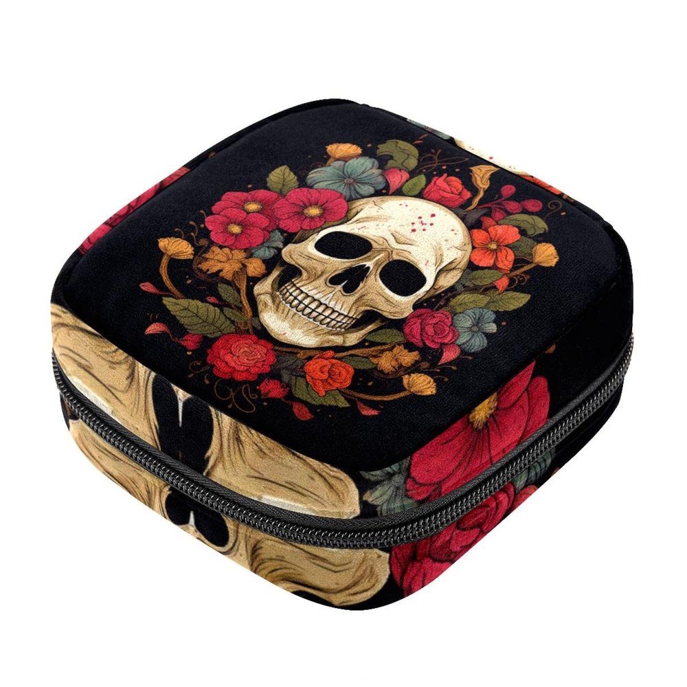 Period Bag,Sanitary Napkin Storage Bag,Floral Suagr Skull,Tampon Bag for Purse