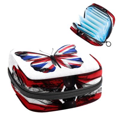 YTYVAGT Sanitary Napkin Storage Bag,Period Bag,Pad Bag,British Flag Butterfly Flying,Period Pouch