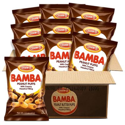 Osem Bamba Peanut Butter Puffs with Creamy Hazelnut Filling - Kosher Crunchy PB Snack with Chocolate Center, Oven Baked Treat with a Crunch - 2.1 oz Bag (Pack of 10)