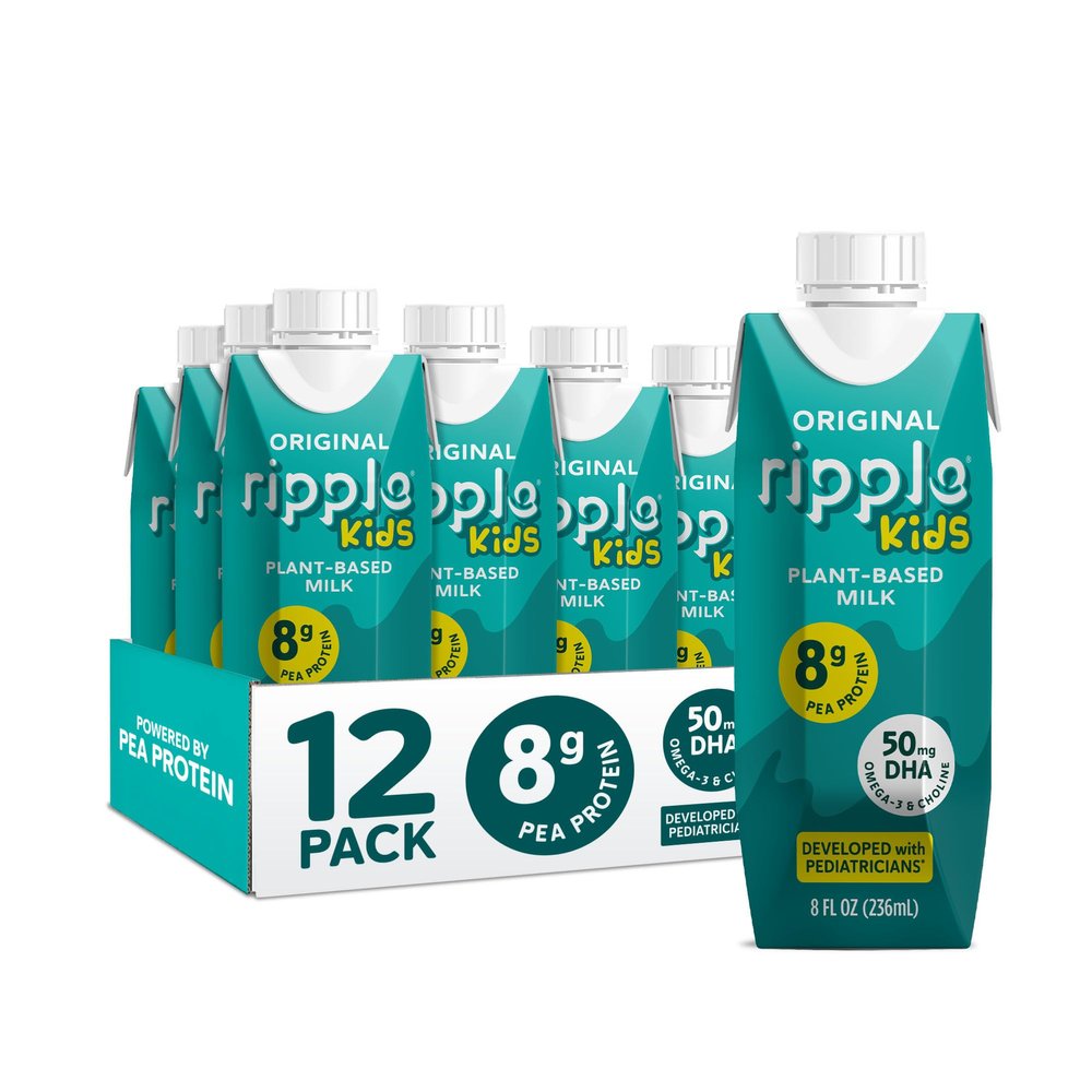 Ripple Kids Original Plant Based Milk | Pediatrician Recommended | 8g Pea Protein | Shelf Stable | Vegan & Non GMO Certififed | Dairy, Soy, Nut, Gluten, and Lactose Free | 8 Fl Oz (Pack of 12)
