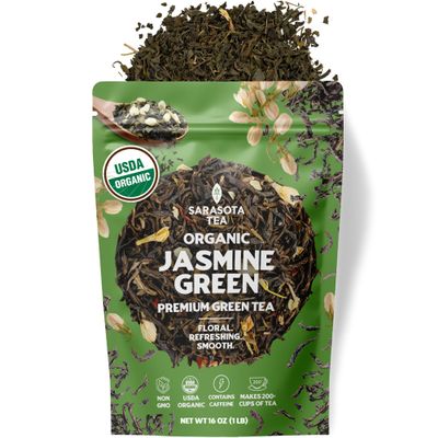 Organic Jasmine Green Loose Leaf Tea | Fragrant Chinese Green Tea Scented with Jasmine Blossoms | USDA Organic | 1lb Bulk Bag | Floral & Smooth | Hot or Iced | Non-GMO