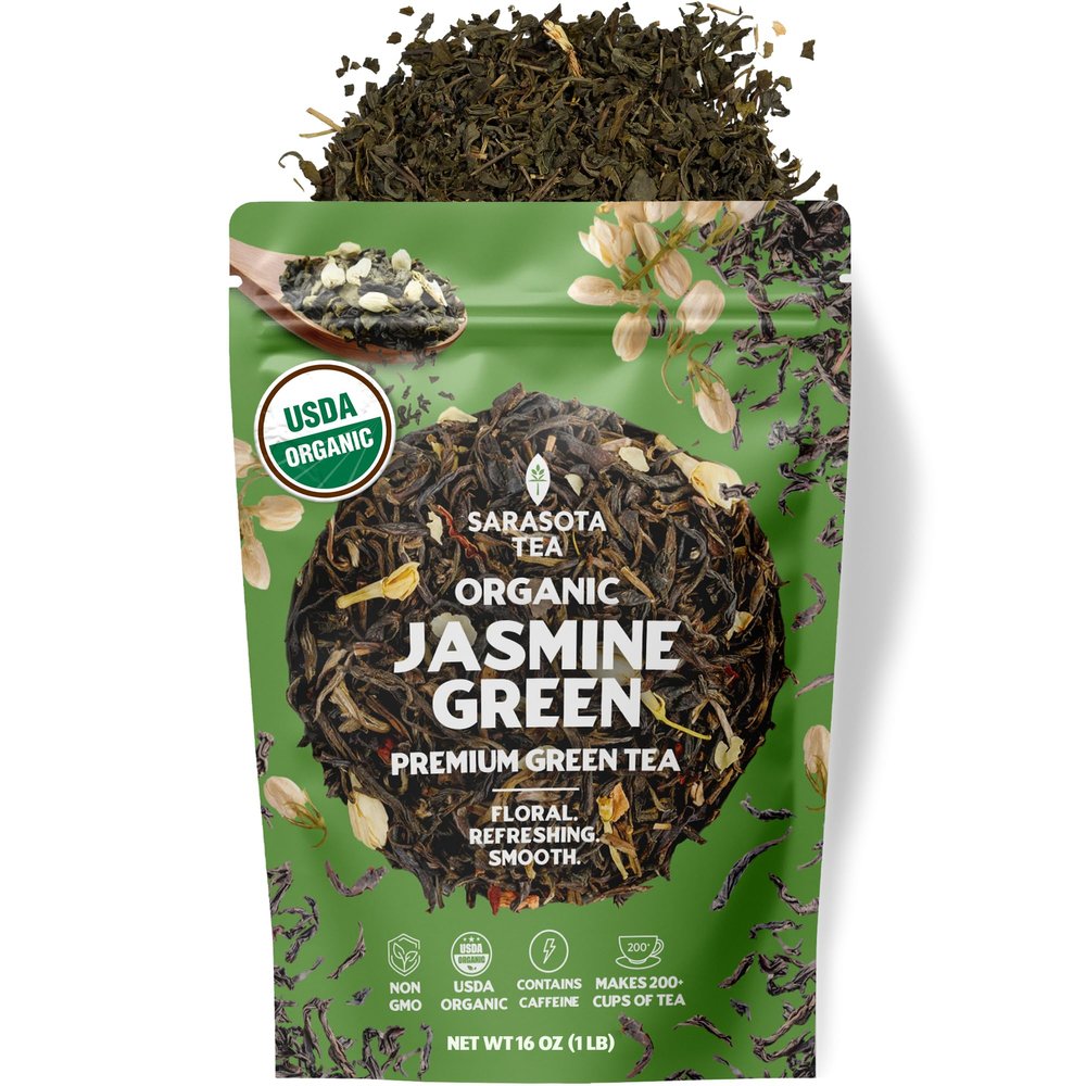 Organic Jasmine Green Loose Leaf Tea | Fragrant Chinese Green Tea Scented with Jasmine Blossoms | USDA Organic | 1lb Bulk Bag | Floral & Smooth | Hot or Iced | Non-GMO