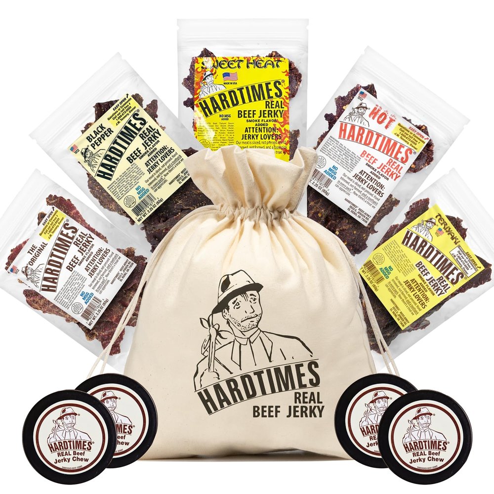 Hardtimes Beef Jerky - Variety, Specialty Gift Bag - Great Gift for Father's Day, Holiday, & Birthday - 5 Pack of 2.25 oz Bags Original, Black Pepper, Hot, Teriyaki, & Sweet Heat - 4 Jerky Chews