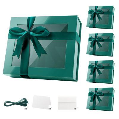 PACKQUEEN 5 Extra Large Green Gift Boxes with Windows, 16.3x14.2x5 Inches Clear Gift Boxes for Presents Contain Ribbons, Cards, Groomsmen Proposal Boxes Magnetic Lids (Glossy Green)