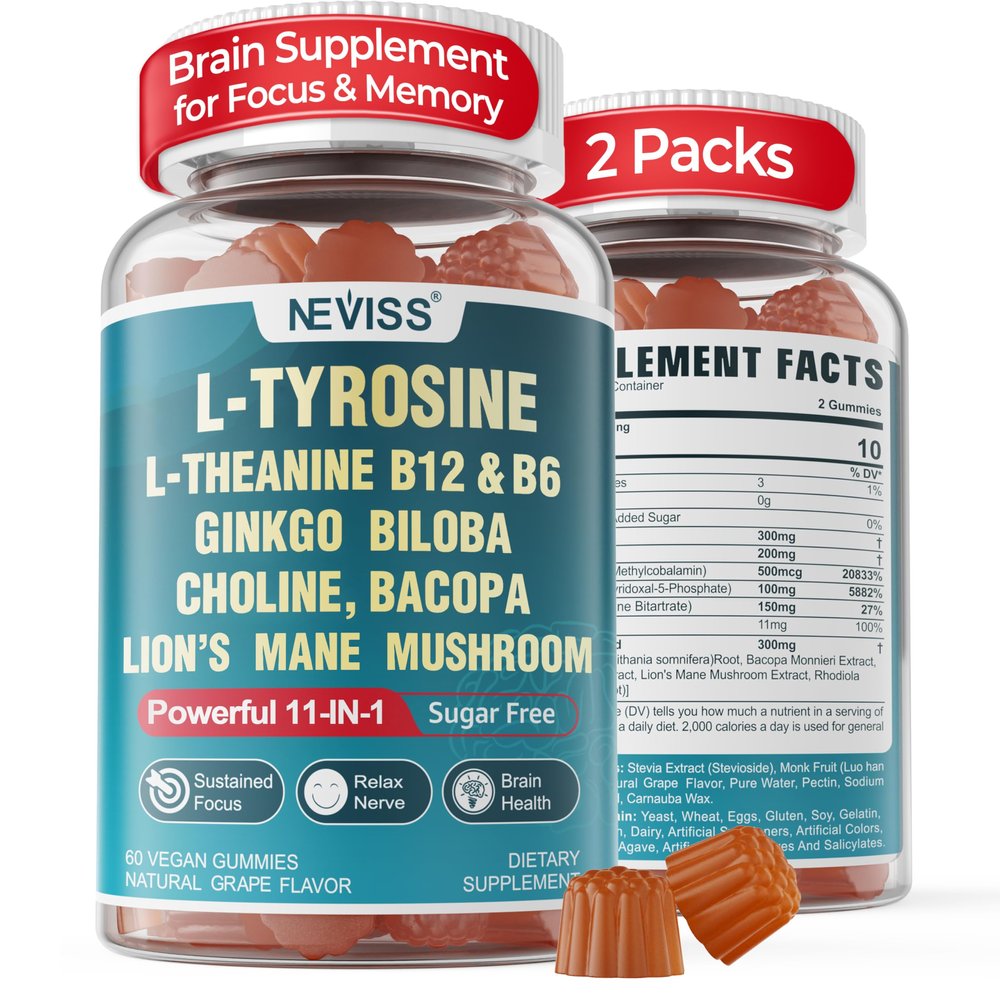 11-IN-1 Brain Supplement for Memory and Focus with L-Tyrosine L-Theanine, Methylated B12 & B6, Lion's Mane Mushroom, Ginkgo Biloba, Bacopa Monnieri, Choline for Focus, Nootropic, Energy, 2Packs