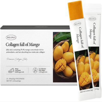 Korean Collagen Jelly Sticks - 25 Mango Flavored Marine Collagen Peptide Snacks for Anti-Aging- Collagen Protein Sugar-Free, Travel Packs for Hair & Nail Strength