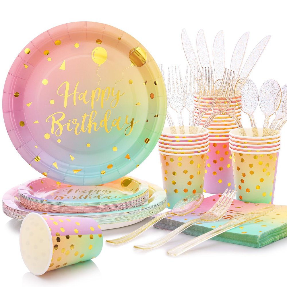 175PCS Pastel Birthday Decorations,Birthday Plates and Napkins Party Supplies,Disposable Rainbow Birthday Plates,Pastel Paper Plates for Girl Women Birthday Party Decorations,Serves 25 Guests