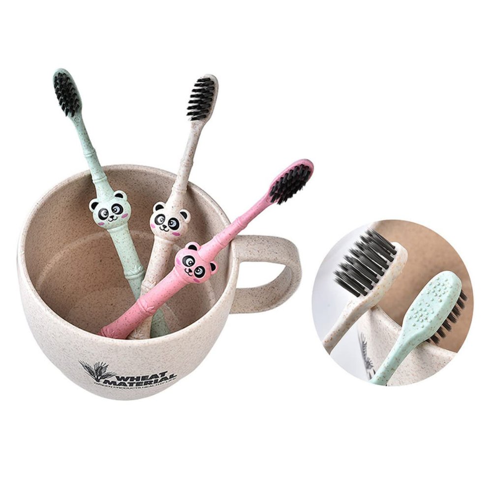 FOMIYES 3pcs Eco-Friendly Wheat Fiber Toothbrush for Boy Girl Soft Bristle Cartoon Panda Toothbrushes Random Colors Easy to Hold Design for Comfortable Brushing