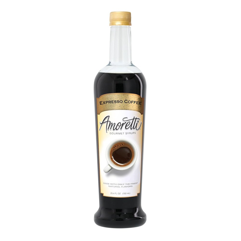 Amoretti - Espresso Coffee Gourmet Syrup 750 ml, Flavor Coffees, Teas, Cocktails, & other Beverages, and Drizzle on Desserts, Gluten Free, GMO/GEO Free, Preservative Free, 94 Servings Per Bottle